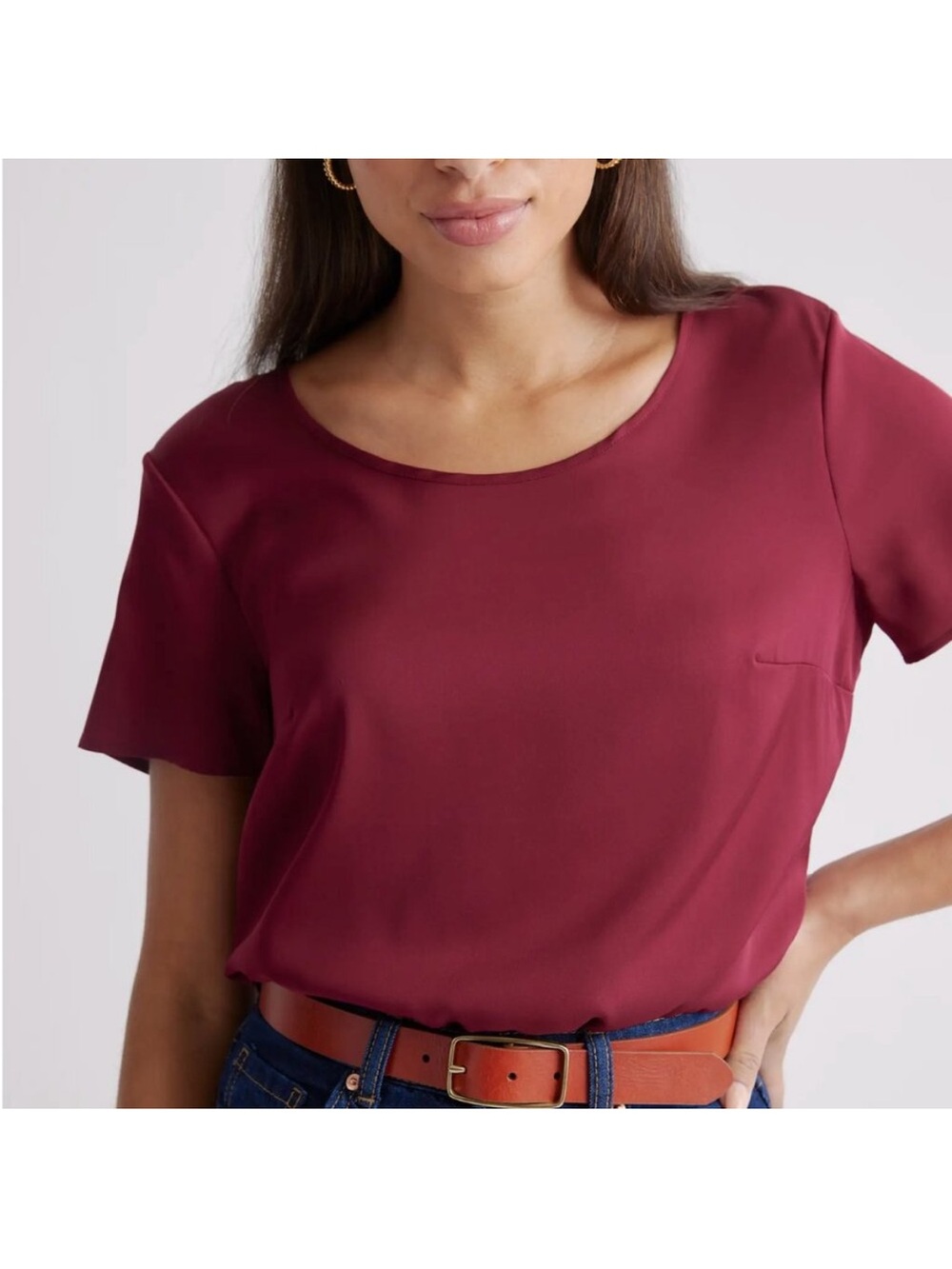 Quince Women’s Short Sleeve Burgundy Washable Stretch Silk Tee Size L